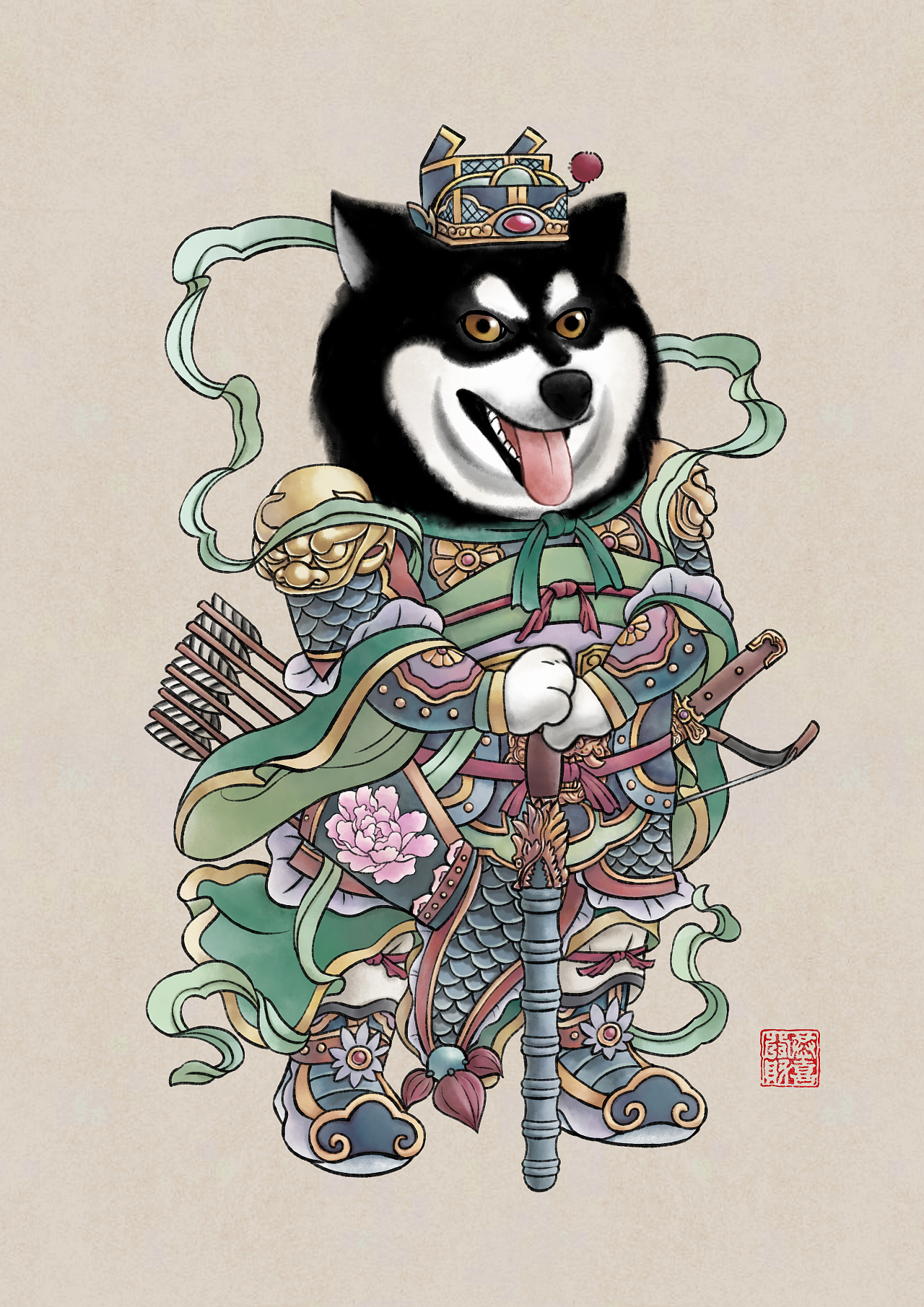 风俗年画之狗狗门神黑的是阿拉斯加黄的是柴犬