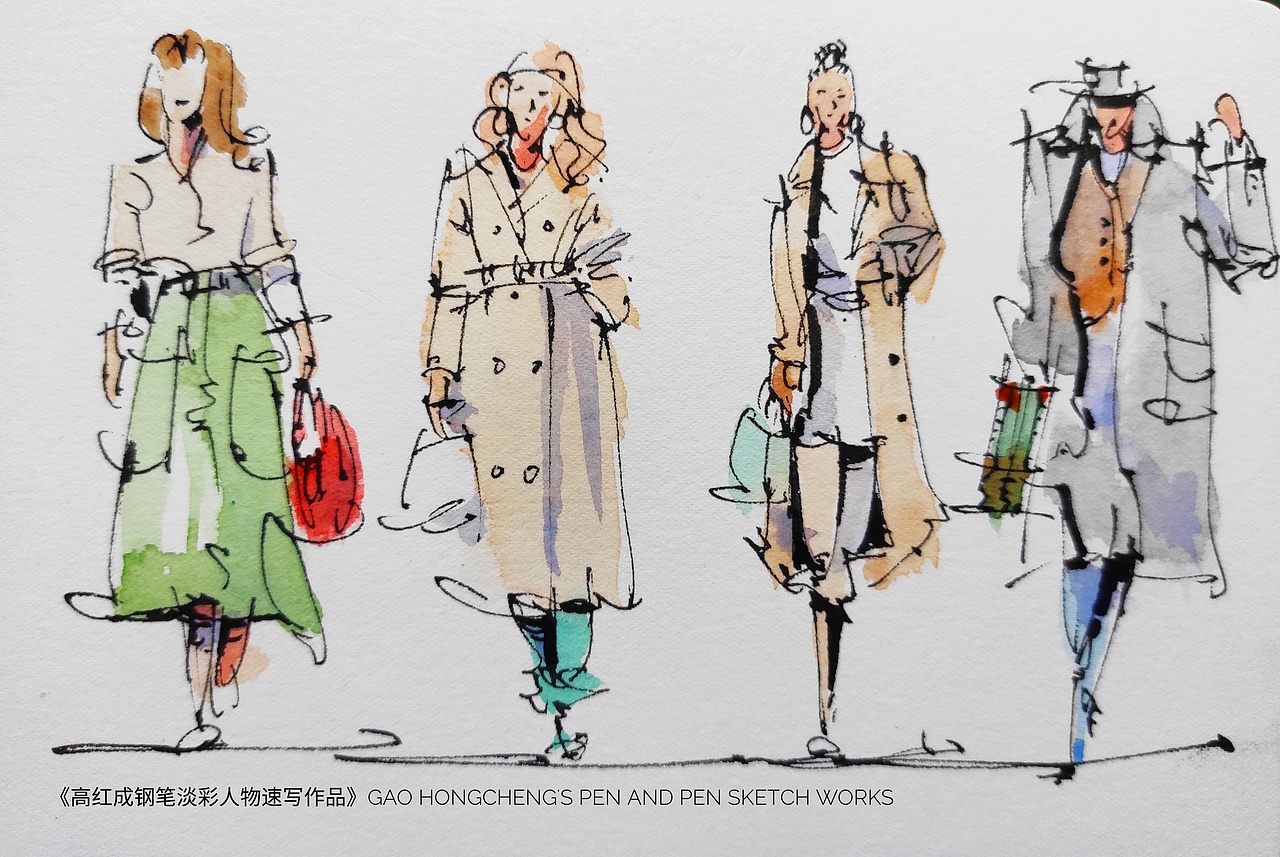 高红成钢笔淡彩人物建筑速写作品