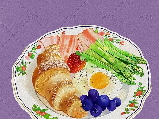 iPad美食插画｜牛角包培根芦笋煎蛋｜早餐拼盘午餐拼盘