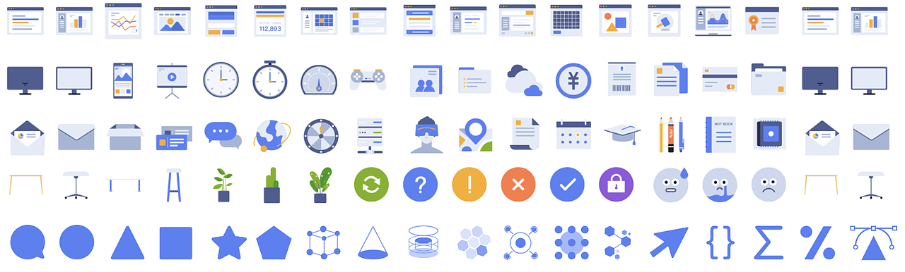 通用组件构成方法指引,如下图所示:
通用组件(业务组件、背景组件)都是由业务中的原子级元素组成,原子级元素可以通过改变颜色、大小、角度、得到不同的新元素组件,利用不同的子元素组合能得到多种新的通用组件,我们通过这样的方式让每个组件在场景中充分地的发挥了其利用率与覆用率,如下图所示,对话框、植物、几何体,它们就像乐高积木一样,可以通过简单的原始单体元素组合出丰富多样的新图形组建;