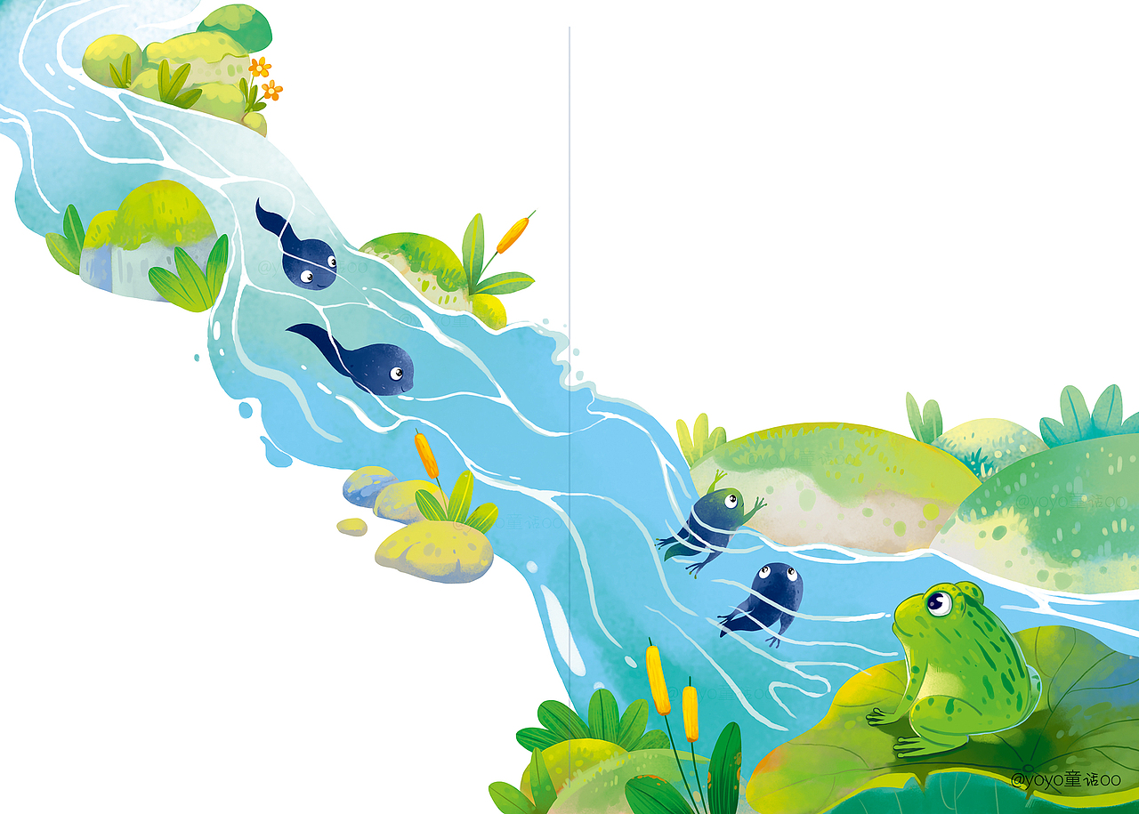 儿童故事书内页插图小猫猫蝌蚪青蛙小老鼠