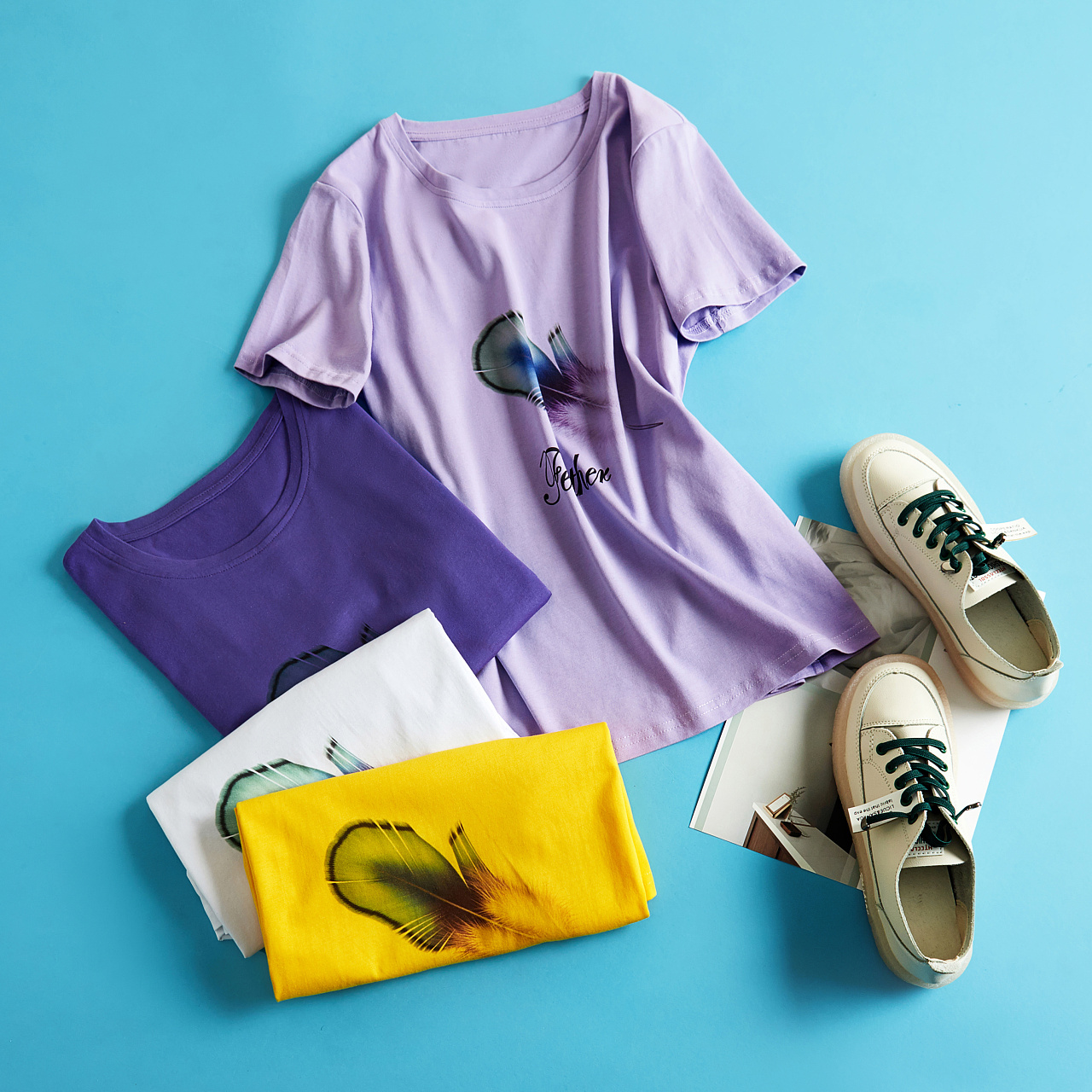 女装短袖创意图拍摄 夏装平面组合图 平铺摆拍 点击图|摄影|产品摄影