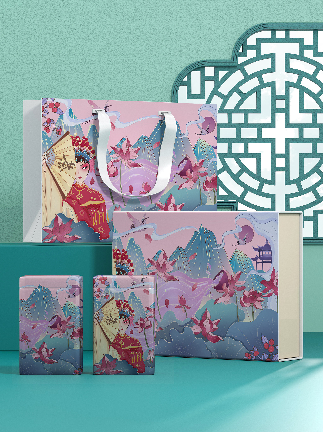 新国风荷花莲叶茶包装插画|插画|商业插画|z521438828 - 原创作品