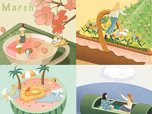 季节插画 限定春季 期待属于春天的每个月