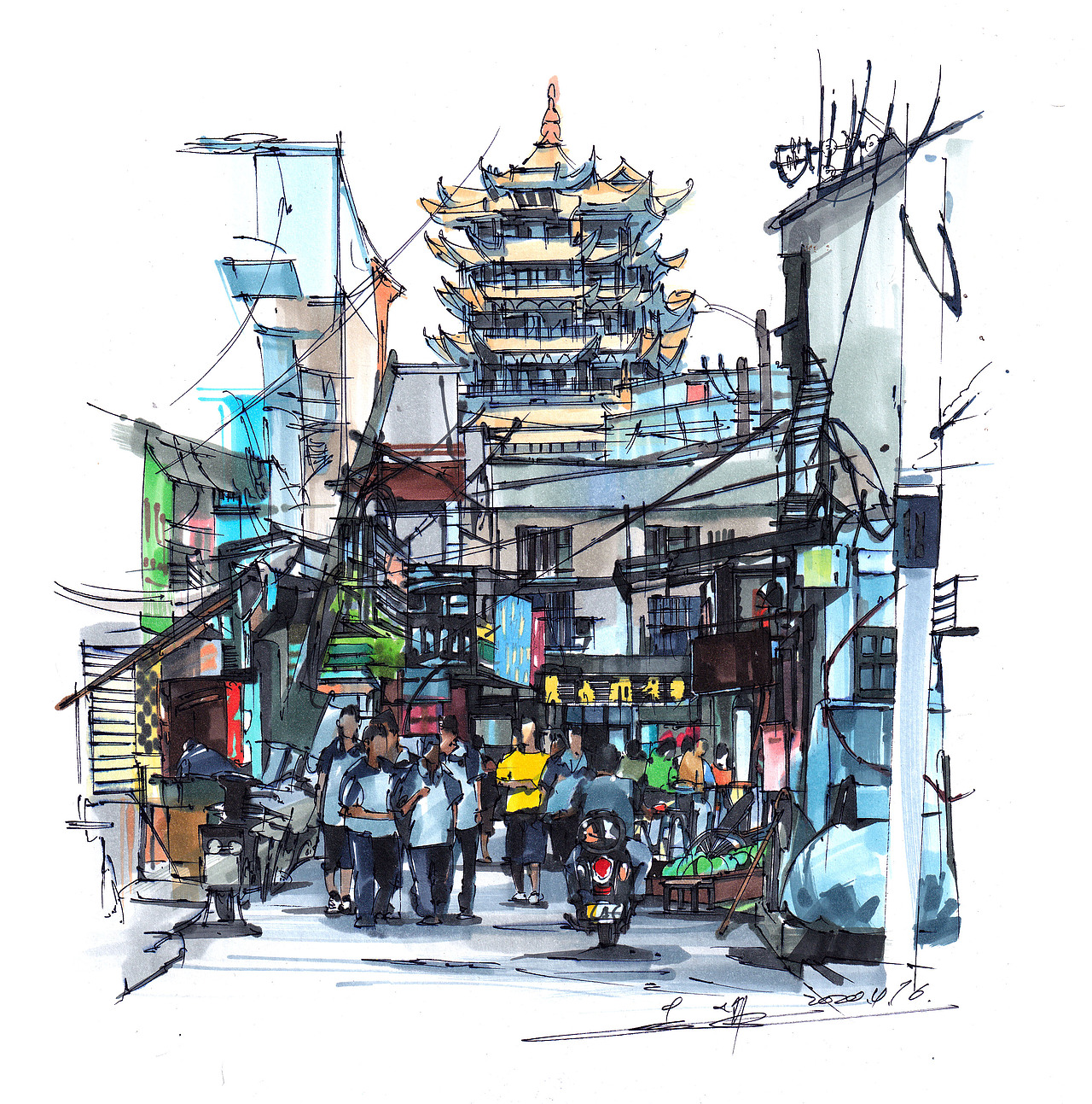 手绘武汉老街（图ZMjA2Nzg1MjA0） - 绘画 - 站酷设计师赵航马克笔原创素材 - 站酷ZCOOL