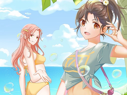 二次元插画-沙滩-奇天cg学院学生作品