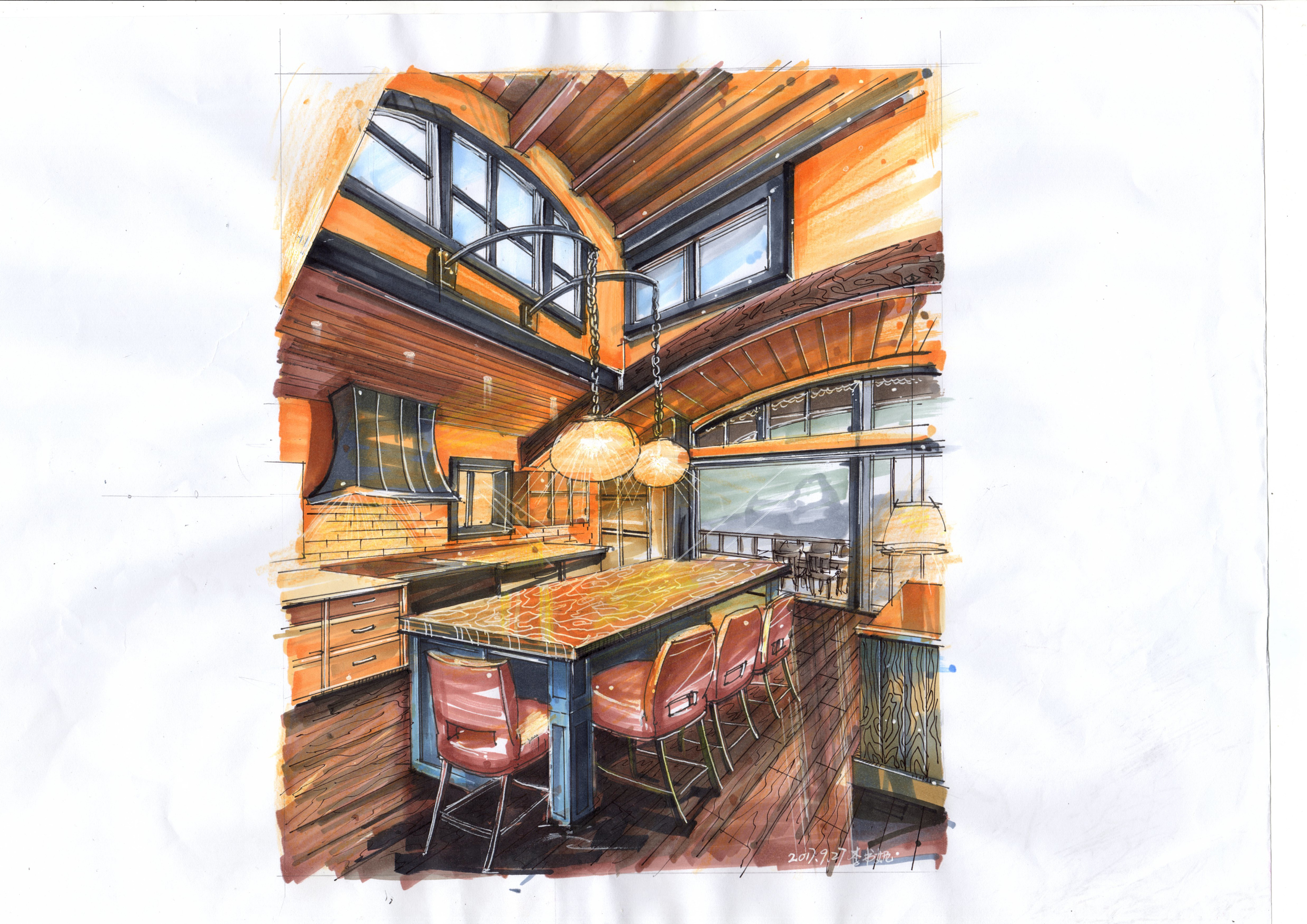 马克笔手绘客餐厅效果图|空间|家装设计|敖珍 - 原创作品 - 站酷 (ZCOOL)