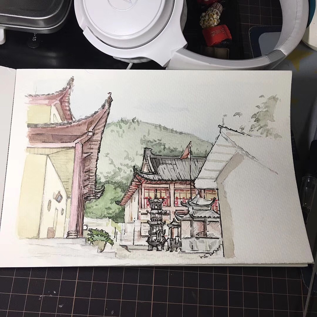 水彩画——宋朝古刹写生