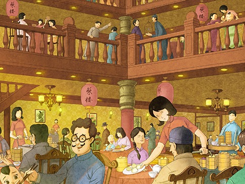 关于广式茶楼的餐厅插画设计-品深餐饮设计
