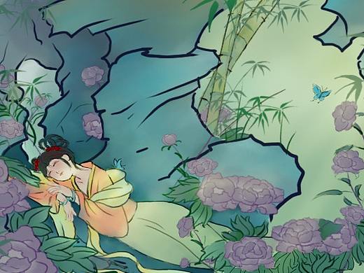 史湘云醉卧芍药圃（个人主页-ZNTk5OTI4NjA=） - 商业插画 - 站酷设计师邹悯梨原创素材 - 站酷ZCOOL