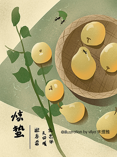 原创作品插画商业插画二十四节气惊蛰梨水果食物未理雅课程设计需要女
