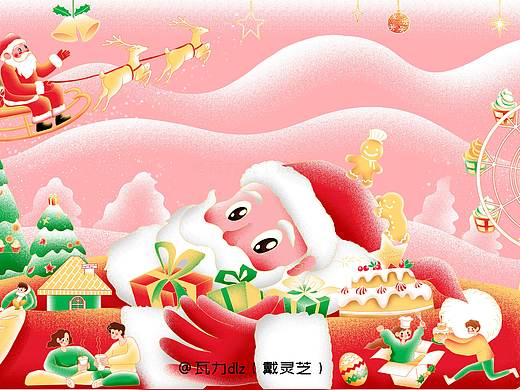 蛋糕盒的包装设计插画：圣诞老人的礼物