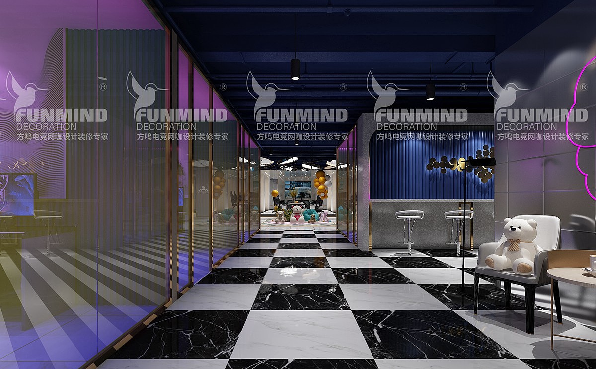 传奇电子竞技俱乐部(走廊.黑房)-效果图,实景对比:黑房墙体使用大面积的彩色镀膜夹丝玻璃,走在过道可以明显感受到墙体的色彩变幻,非常抢眼!