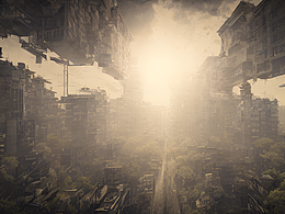 #站酷夢筆#黑暗破舊的城市，懸浮行駛的公交車， 飛舞