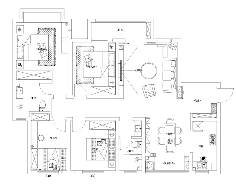 美巢龙翔嘉苑装修150平四室户型平面设计