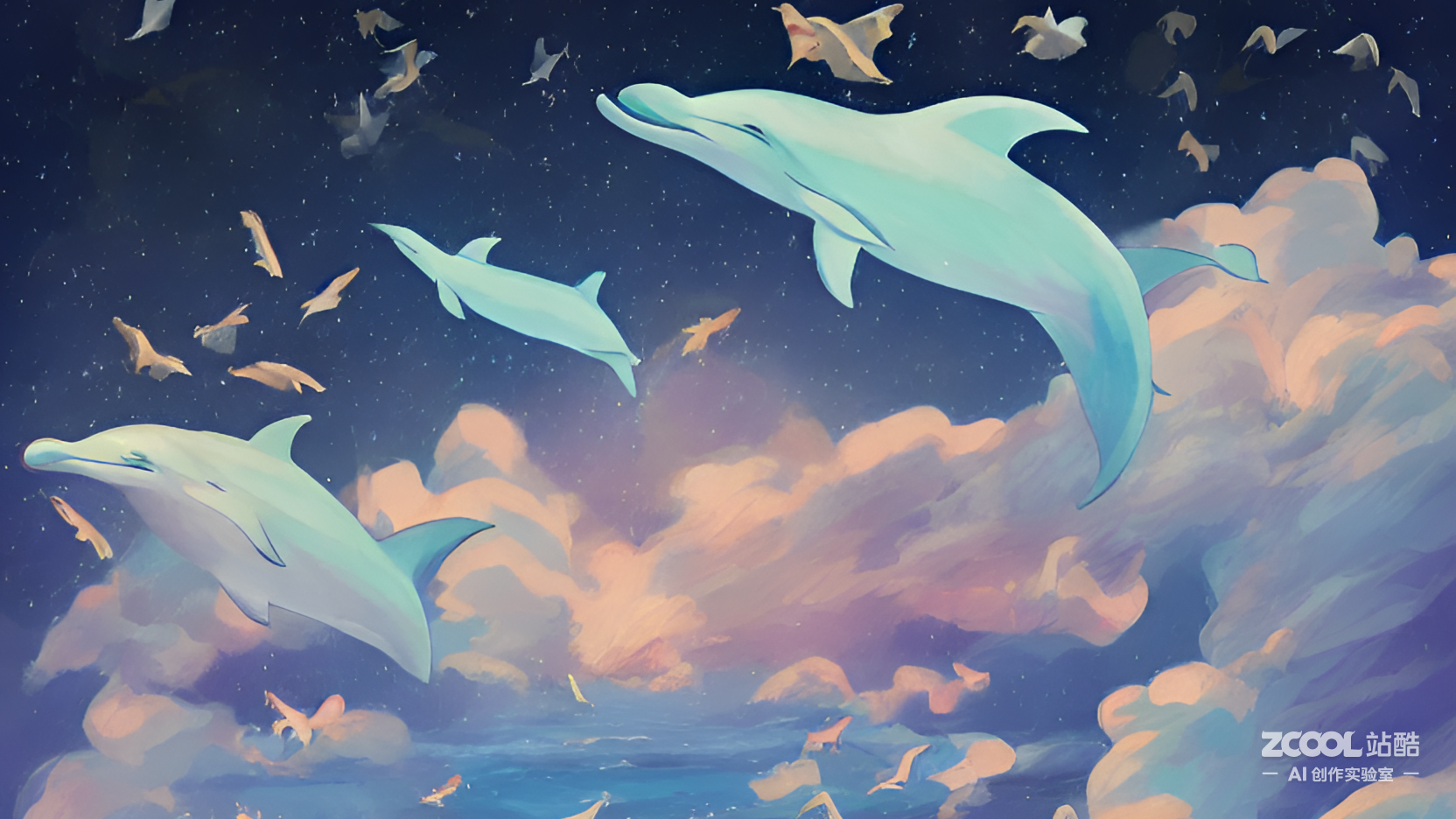两只海豚跃出海面的粉色梦幻插画_站酷海洛_正版图片_视频_字体_音乐素材交易平台_站酷旗下品牌