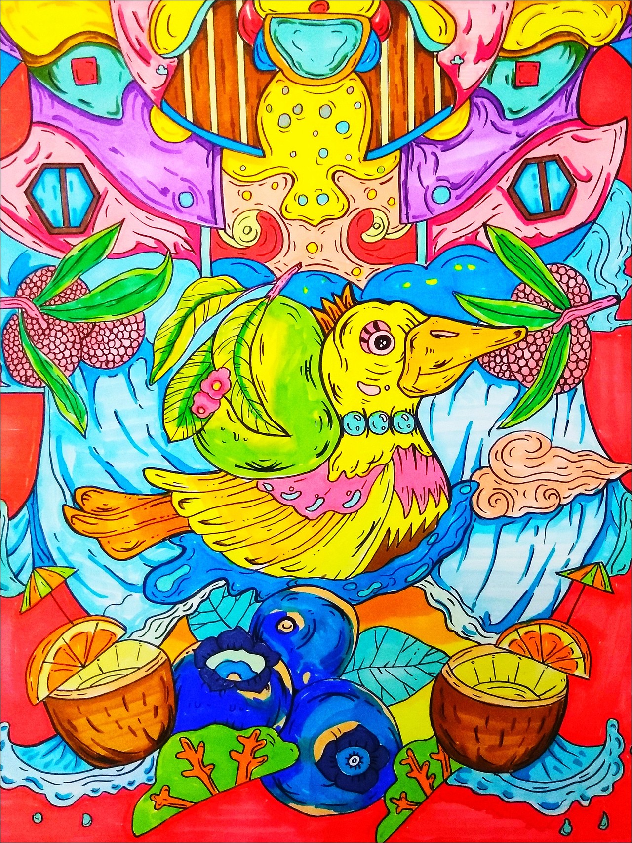 黄鸭和水波纹和果子