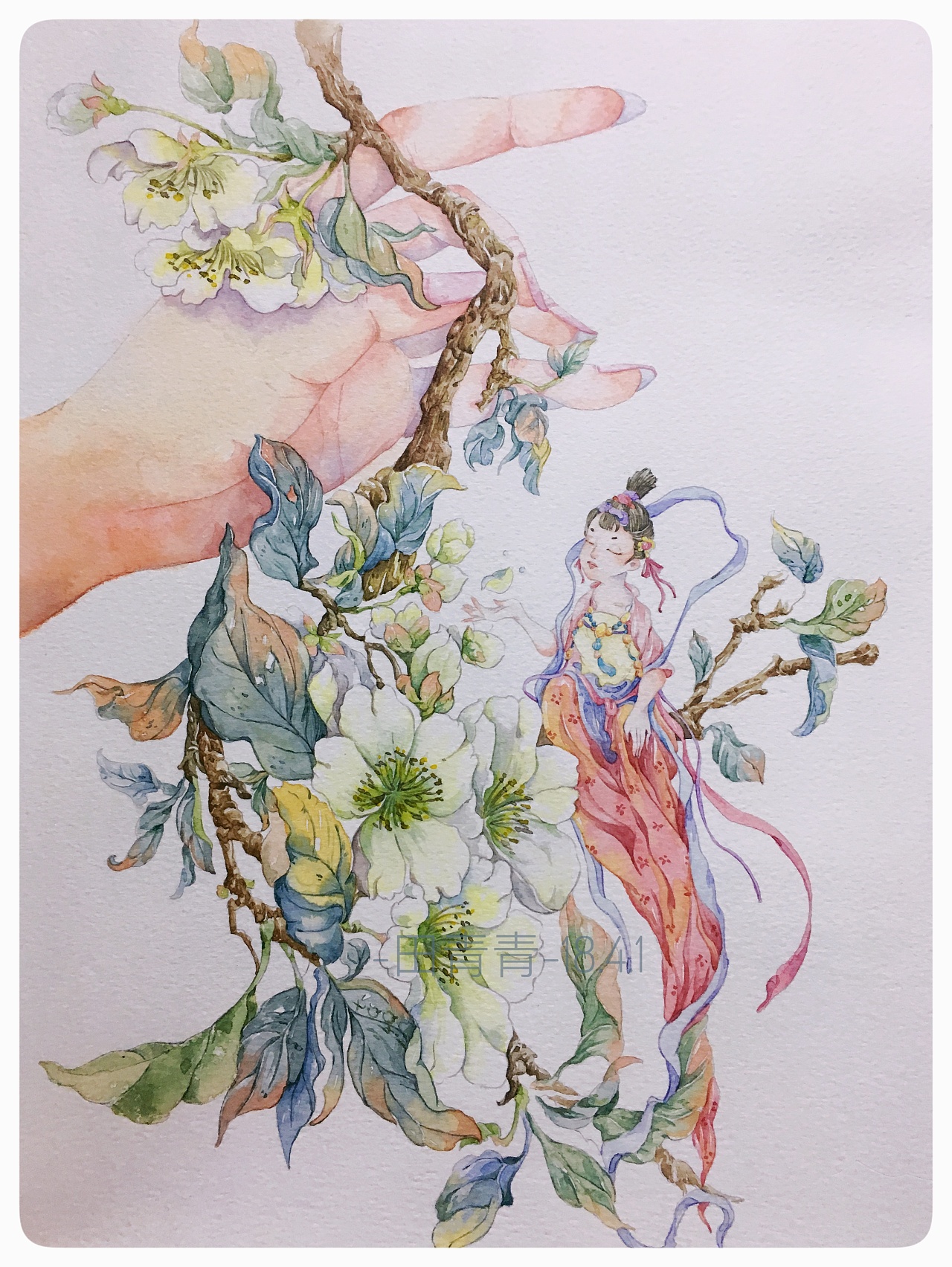 梨花枝头在春天的花园里，一幅水彩画。背景图片素材_ID:331269948-Veer图库