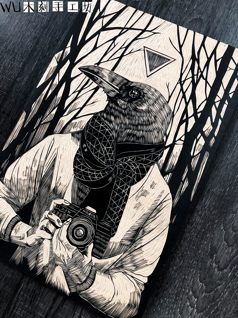【鹰】手工雕刻黑白木刻版画