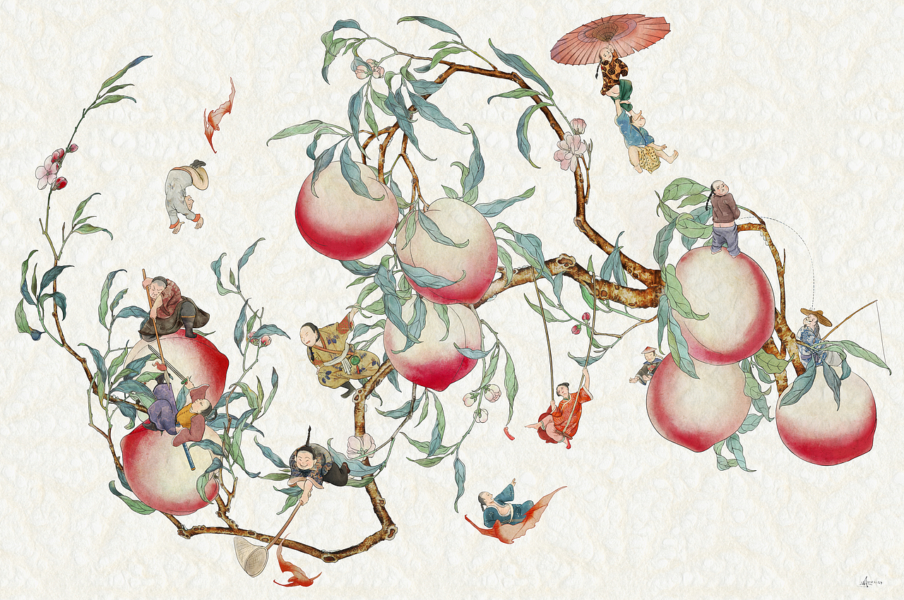 清雍正粉彩过枝福寿双全八桃五蝠大盘文创插画（图ZMjc3ODcxMzI0） - 艺术插画 - 站酷设计师Echolico原创素材 - 站酷ZCOOL