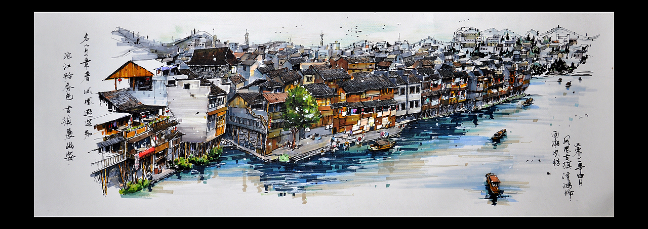 钢笔画 马克笔手绘 凤凰古城全景