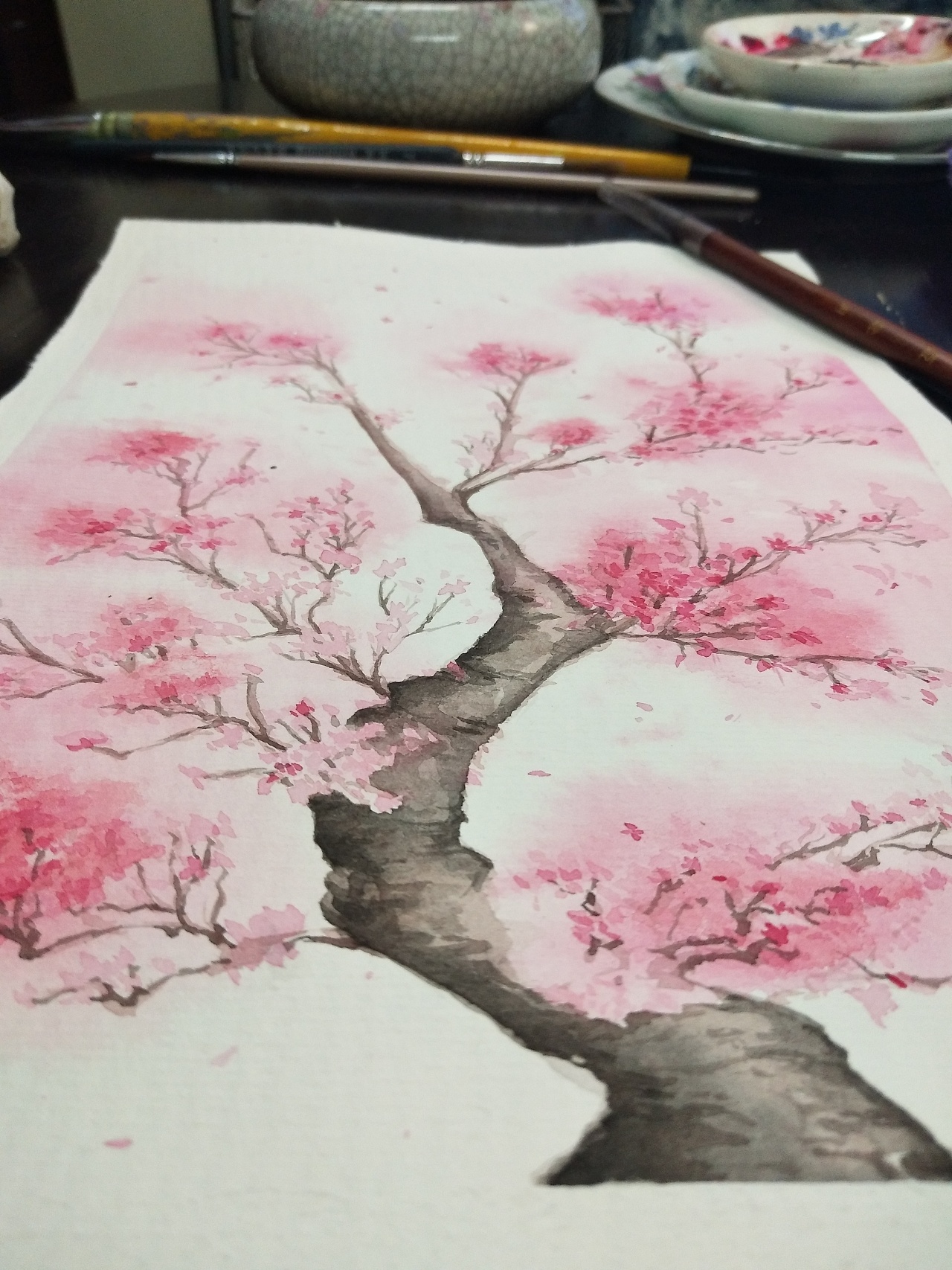 简易的水粉画桃花树图片