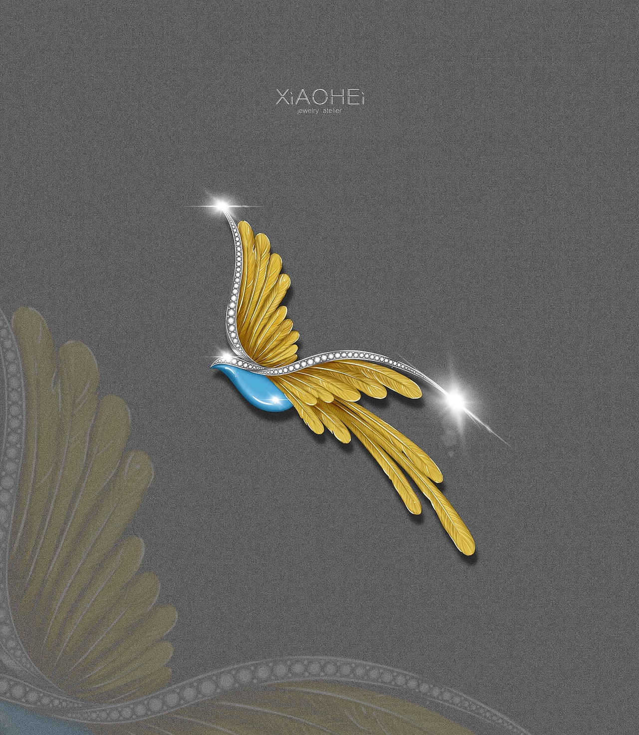 原创珠宝设计手绘～源自寿带鸟～珠宝胸针