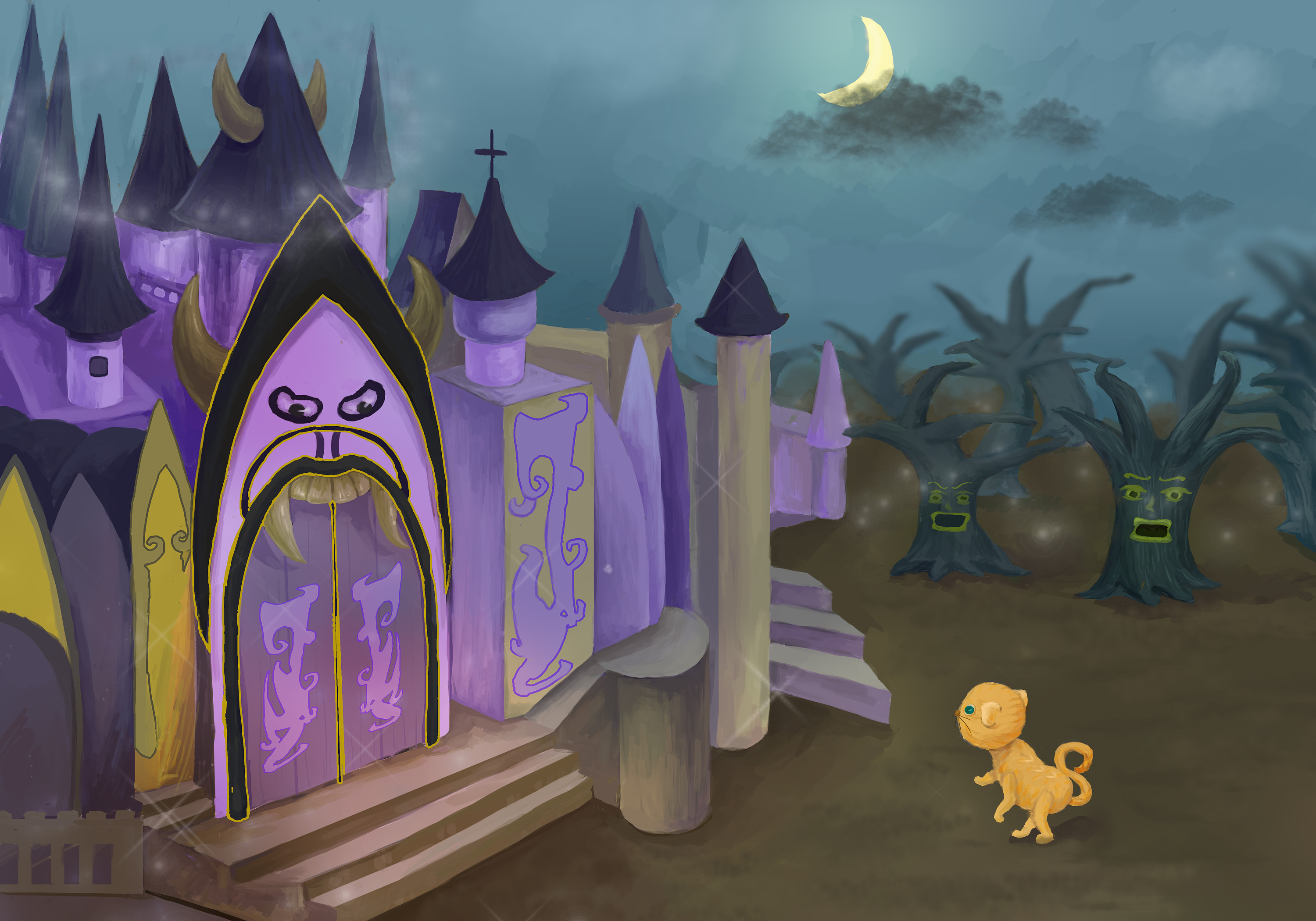 儿童插画恶魔城堡猫月黑风高树林黑暗紫色欧式建迪士尼