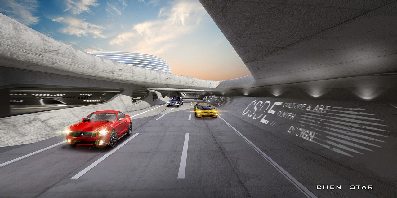 文化艺术中心环线在南面进入地下,与顶上步行道进行分流。