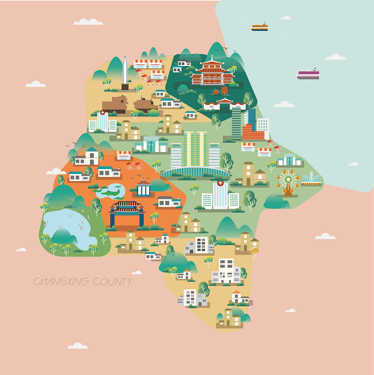 插画地图长兴