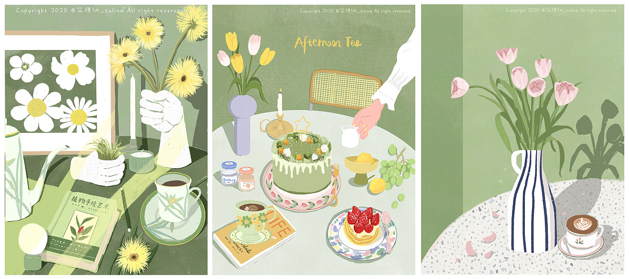 花和蛋糕和咖啡下午茶|插画|创作习作|苏理纳 - 原创作品 - 站酷