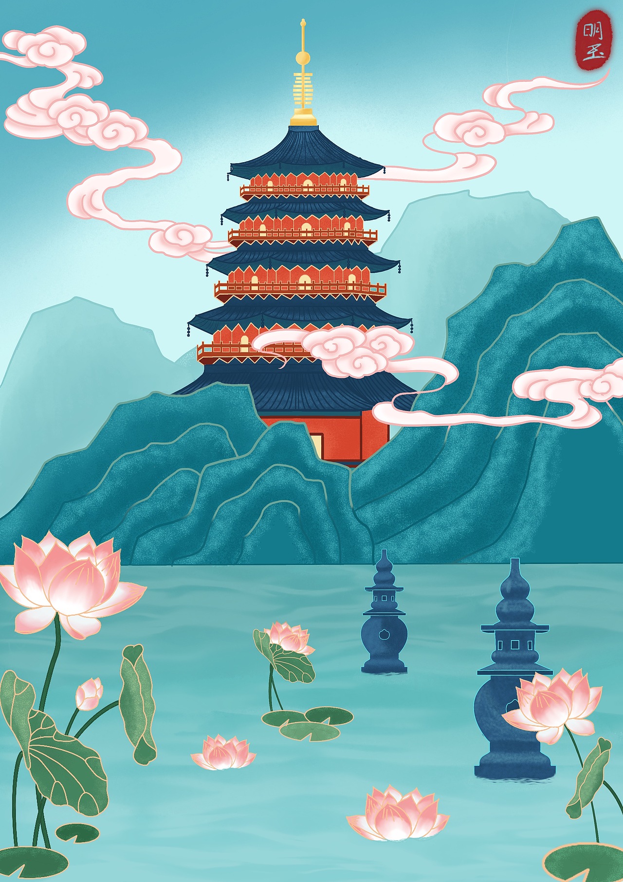 新国潮插画之—西湖（图ZMjI5MzA1MjY0） - 商业插画 - 站酷设计师灵明玉原创素材 - 站酷ZCOOL