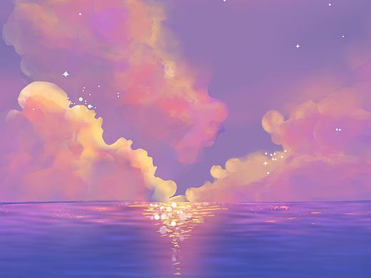 梦幻彩云海边日落