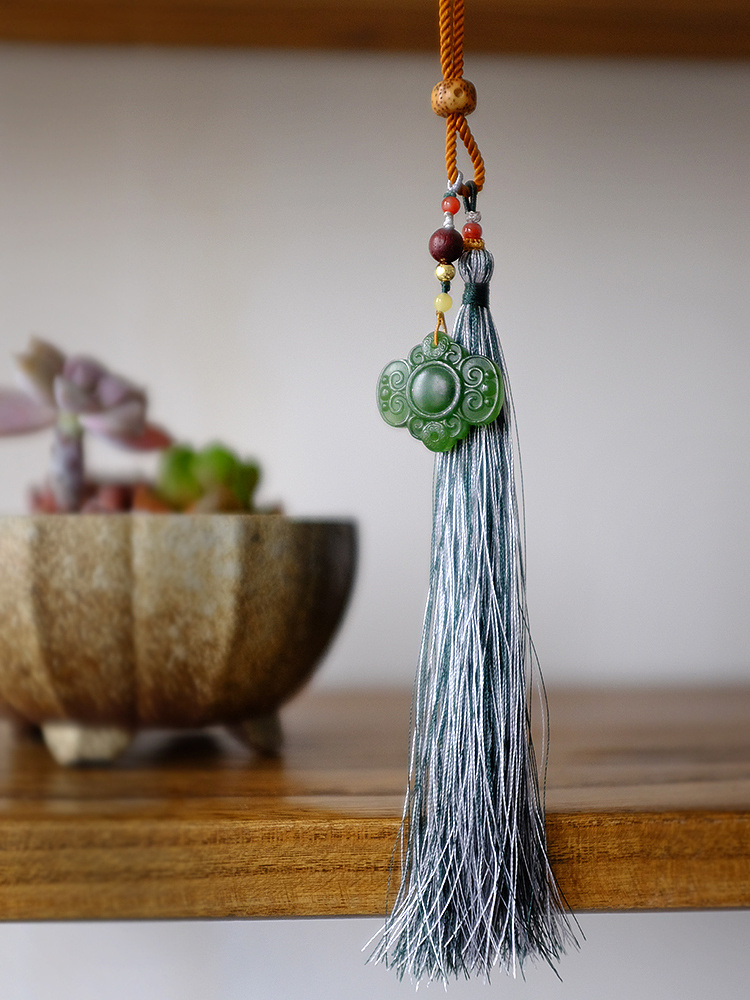 【拈花微笑】天然和田玉 碧玉吊坠挂件 流苏包挂