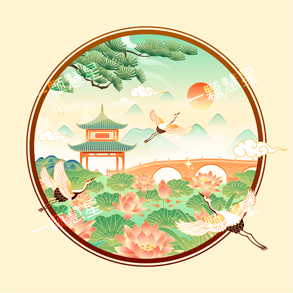国风园林山水（图ZMjU2NTE0NDA4） - 商业插画 - 站酷设计师晚风在画画原创素材 - 站酷ZCOOL