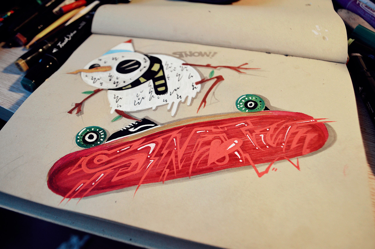 送给一个喜欢画板的孩子, 一个不畏惧炎热酷暑的雪人足以证明你对滑板的热爱。加油!