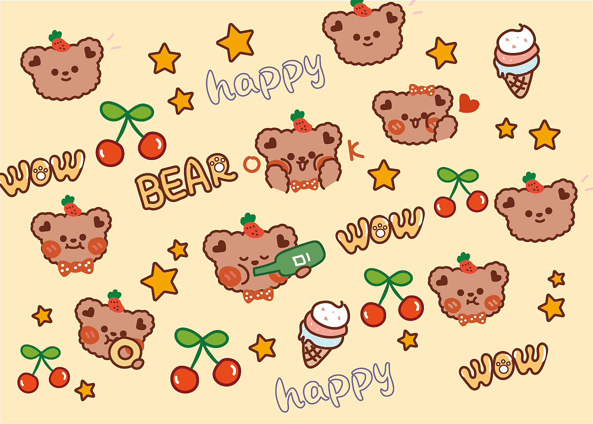 卡通手绘可爱熊表情包插画设计图案卡片贴纸毯子文创