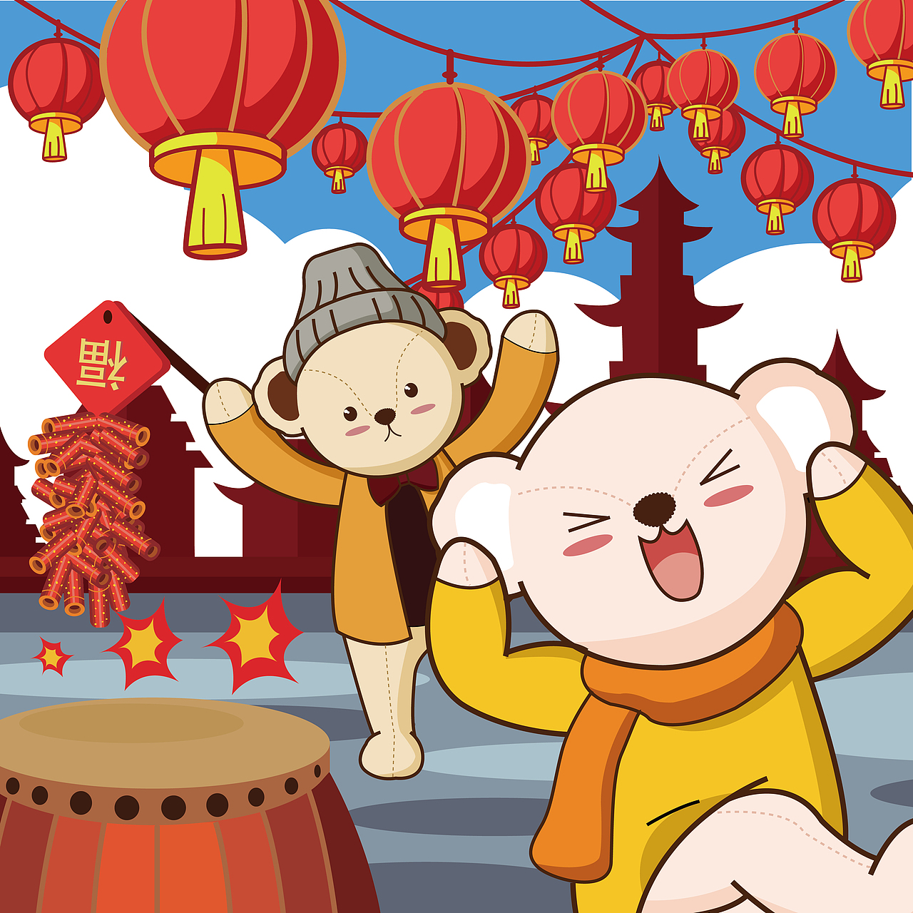 泰迪熊新年插画