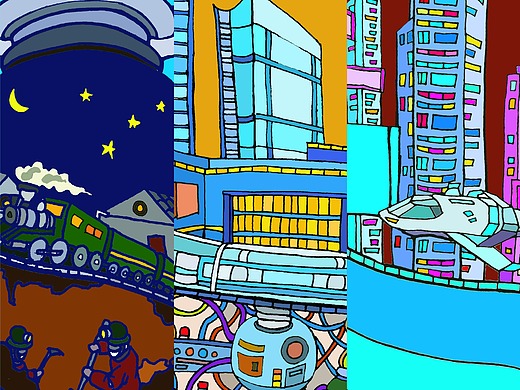 "时代变迁"过去 ,现在 ,未来插画-商业插画87011年前"率知自我"插画