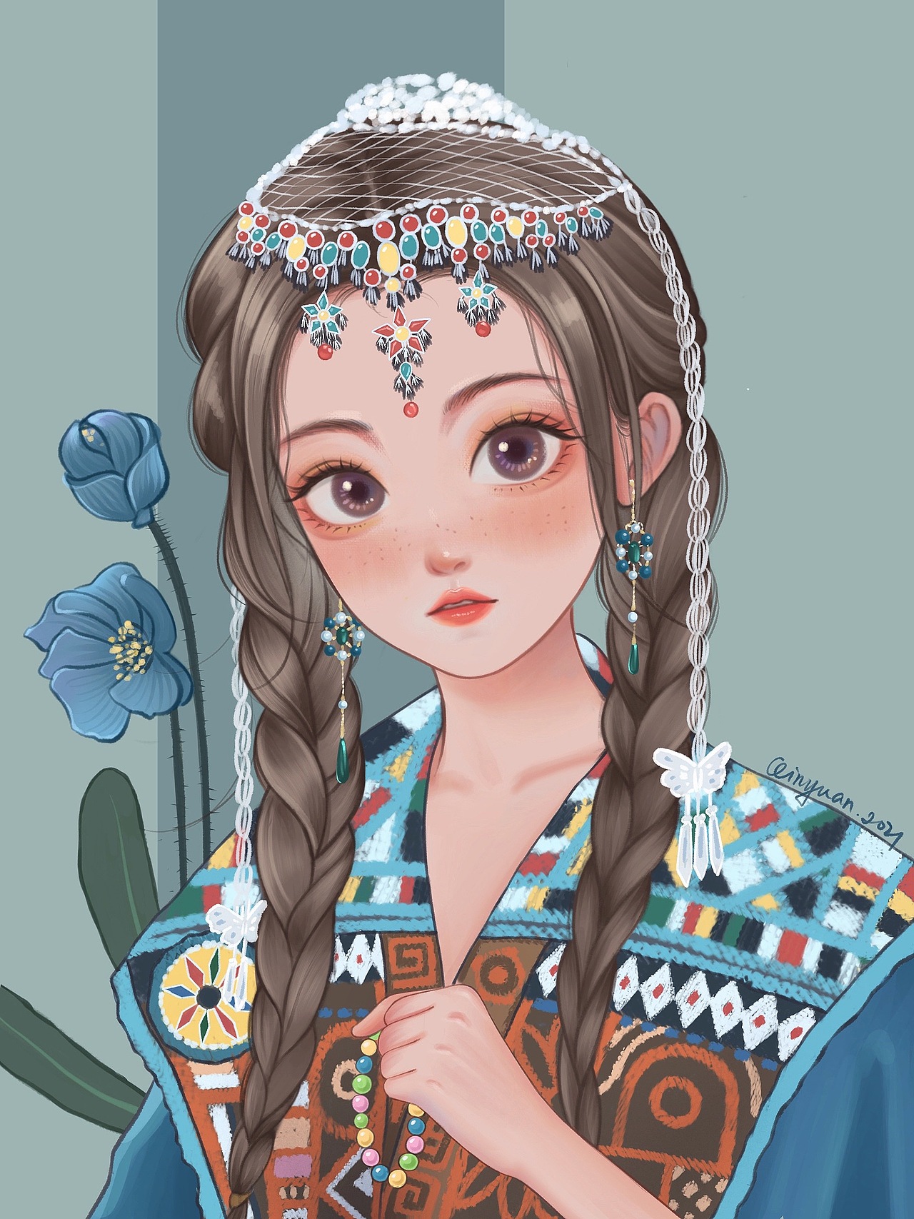 两张漫画版杨超越红衣民族风