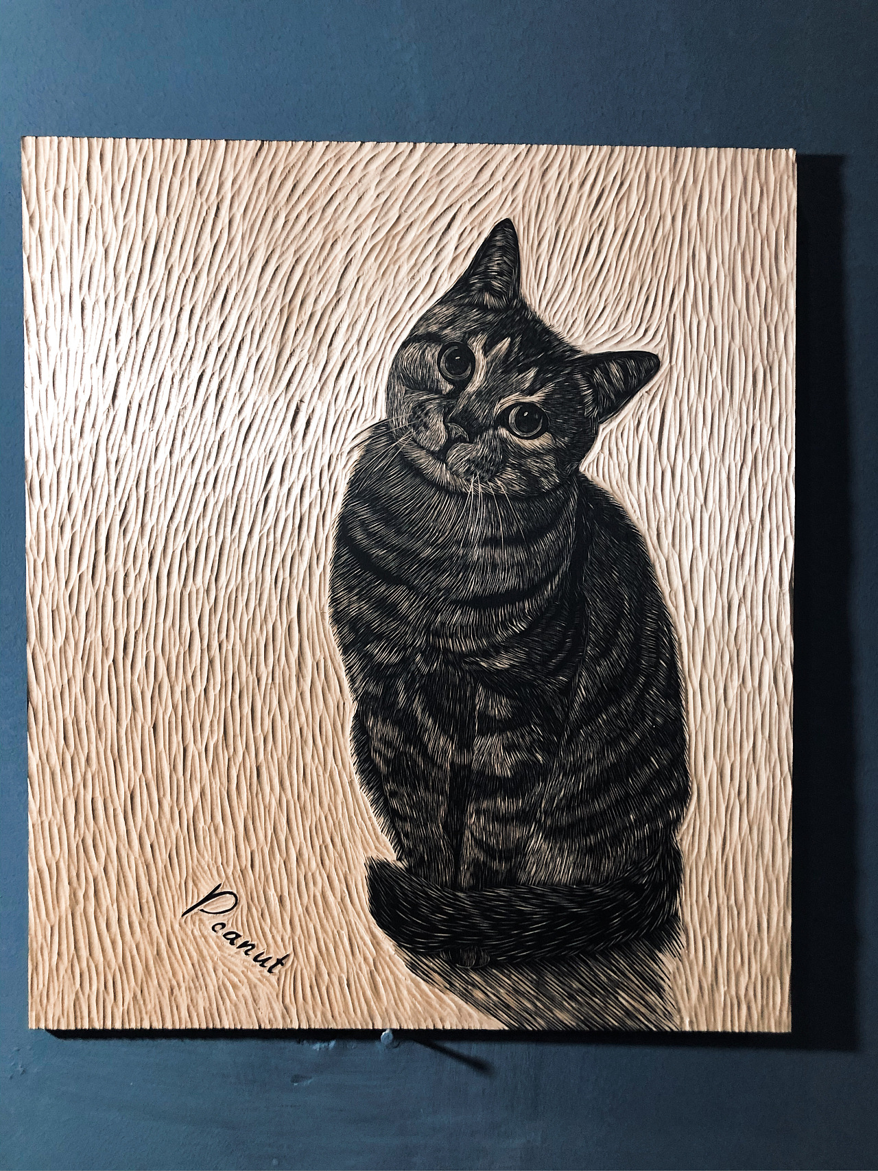 手工雕刻猫咪黑白木刻版画
