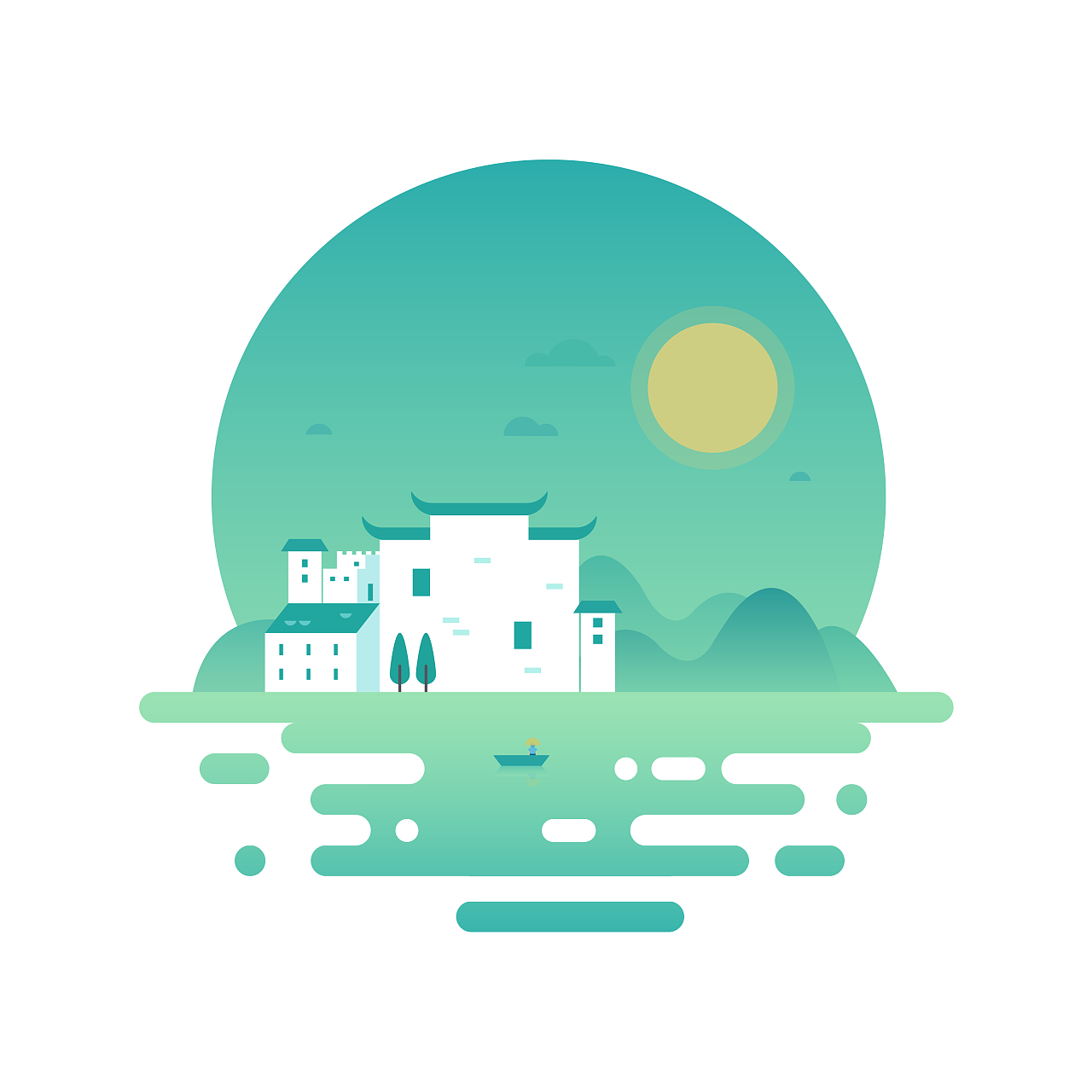 中国风古代风景建筑扁平化渐变插画深圳网页设计公司