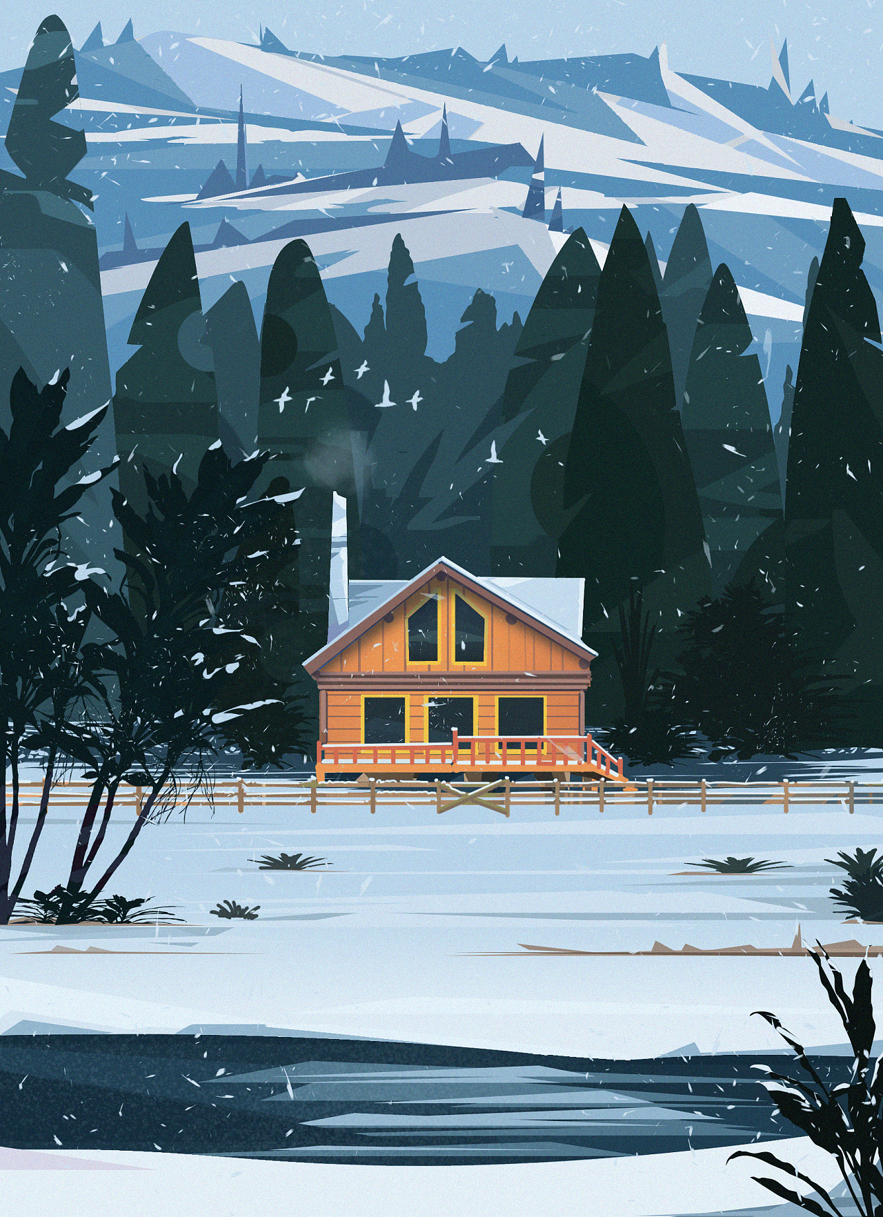 木屋雪景插画图片