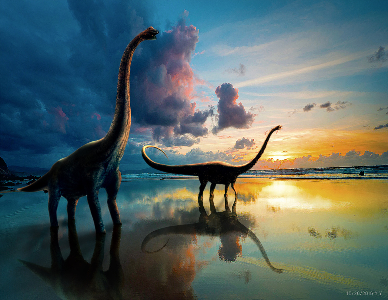 ps合成组品 漫步晚霞 恐龙