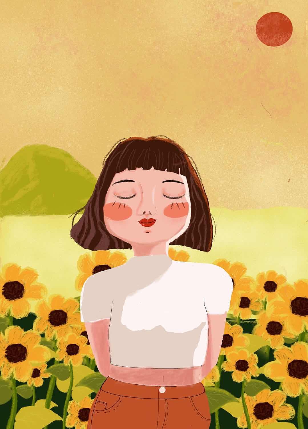 阳光少女人物手绘,夏日夕阳田野山村的美好