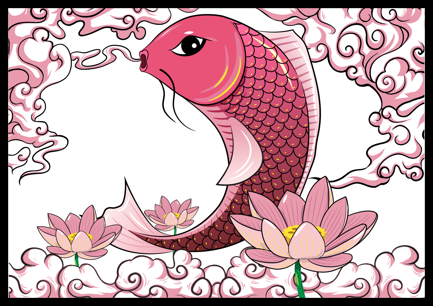 国潮插画《莲年有鱼》