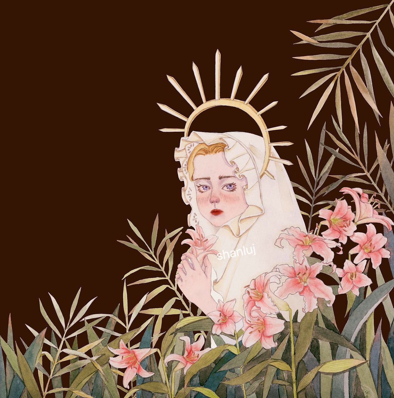 百合花中的少女