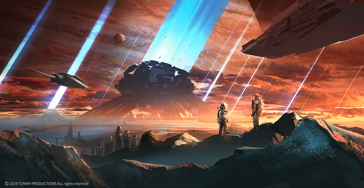 04
背景细化——刚才提到的细化顺序，有必要说明一下。最早我刚接触MP的时候，看过一部教程（大神Dylan Cole的教程，对我的帮助非常大，虽然是十多年前的教程，但到现在我任然觉得是市面上最好的MP教程，建议想学习MP的朋友都去看看，搜索大神的名字肯定能找到）。这个方法就是从教程里学到的，当时教程说的都是英文，我也没听懂为什么要从后往前来细化。经过一些模仿和练习，我得到的感受是：背景是什么——是整个环境的基石，是整个气氛形成的基础。你需要考虑到你整个环境里最主要的光源位置——太阳，一天24个小时，不同时间段太阳的位置变化会形成不一样的大气氛围。所以，最先要确定下来的就是光源位置，然后此时大气的结构是如何，多云?晴朗？阴天？下雨吗？是金色的夕阳？还是蔚蓝的正午？这些条件因数将会影响环境中所有的物体。也就是接下来你每每向前细化一层，就需要将你细化的内容融入你的背景中去，按照这样的步骤，你会慢慢的变成理性思考。<br>这幅作品里，太阳的位置是在画面右侧，地球离开太阳很远，索性还是找了很多夕阳和日出的天空素材来进行细化，由于大气稀薄，能够清晰的看见星空和巨大的木星，所以通过拼贴的方式来逐步进行细化。<br>