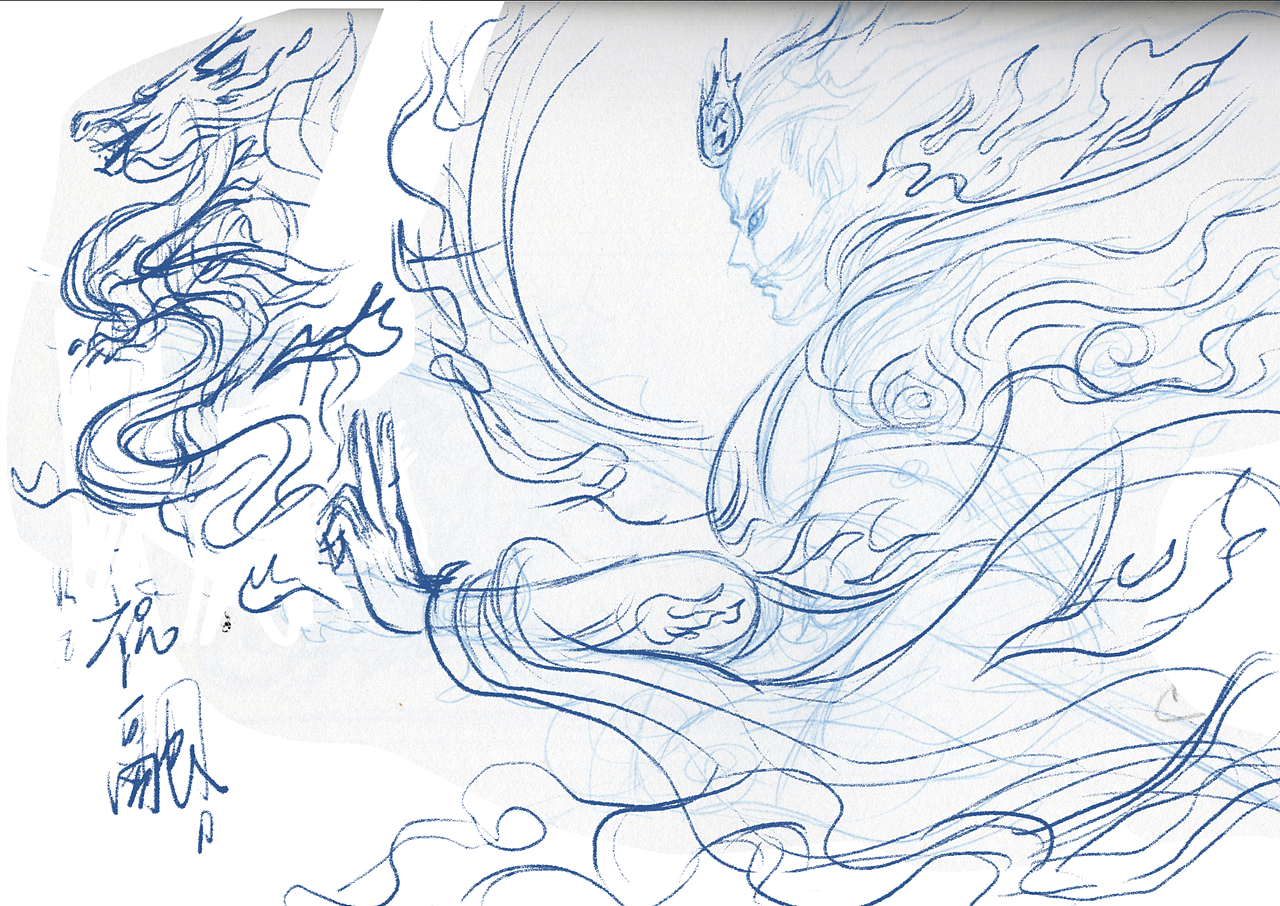 原创作品插画创作习作火神祝融电脑绘制仿水墨红色火monoprint的实验