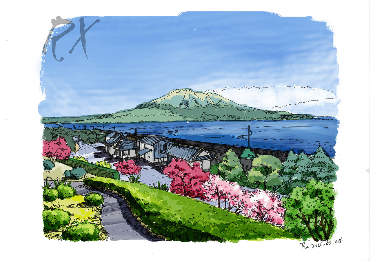 手绘风景明信片日本鹿儿岛